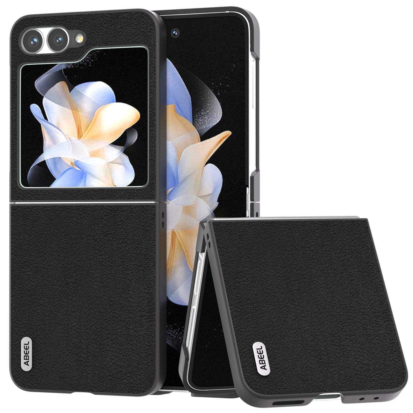ABEEL For Samsung Galaxy Z Flip6 5G Case Genuine Cow Leather Coated PC Folding Phone Cover - Black