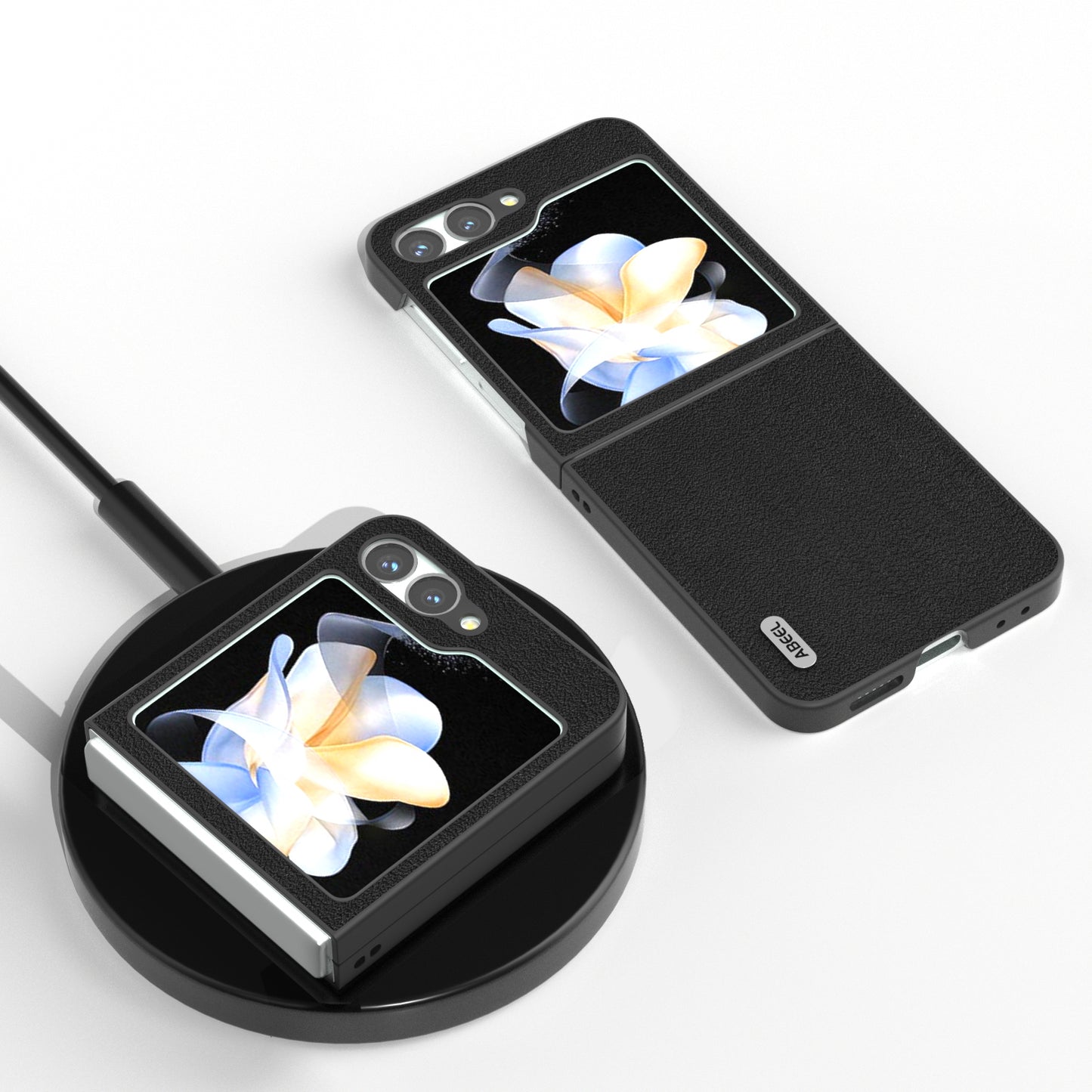 ABEEL For Samsung Galaxy Z Flip6 5G Case Genuine Cow Leather Coated PC Folding Phone Cover - Black