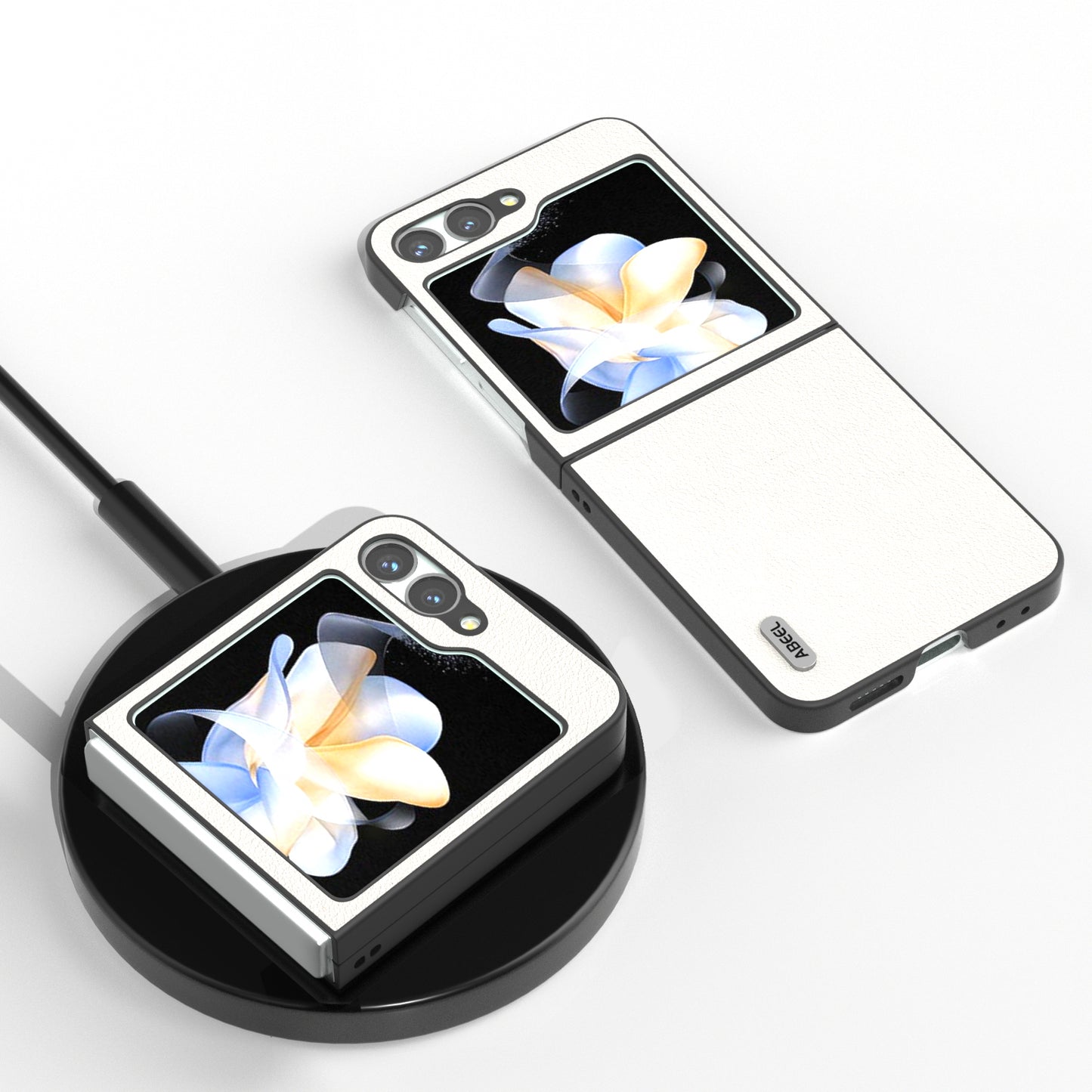 ABEEL For Samsung Galaxy Z Flip6 5G Case Genuine Cow Leather Coated PC Folding Phone Cover - Grey White