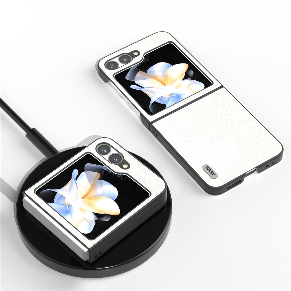 ABEEL For Samsung Galaxy Z Flip7 FE 5G / Z Flip6 5G Case Genuine Cow Leather Coated PC Folding Phone Cover - Grey White