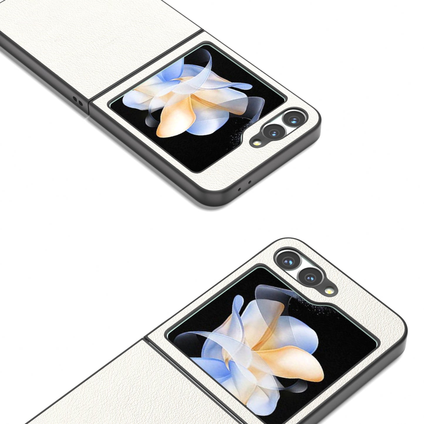 ABEEL For Samsung Galaxy Z Flip6 5G Case Genuine Cow Leather Coated PC Folding Phone Cover - Grey White