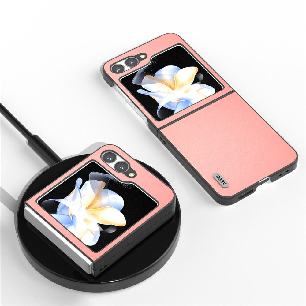 ABEEL For Samsung Galaxy Z Flip7 FE 5G / Z Flip6 5G Case Genuine Cow Leather Coated PC Folding Phone Cover - Pink