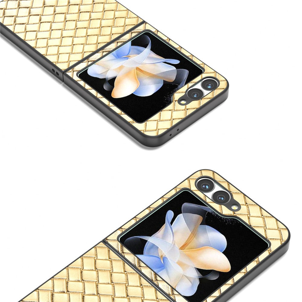 For Samsung Galaxy Z Flip7 FE 5G / Z Flip6 5G Case Woven Texture Leather+PC Protective Phone Cover - Gold