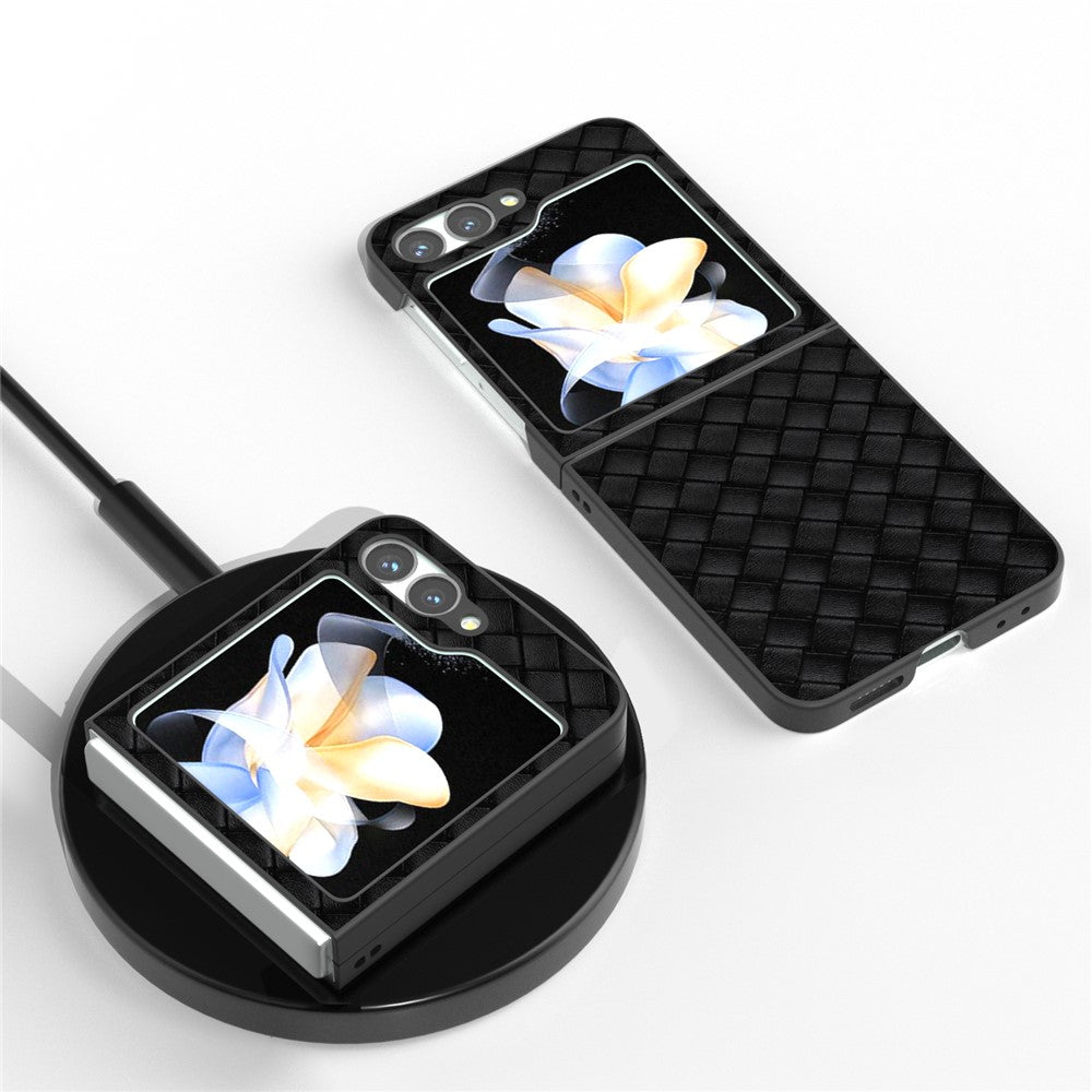 For Samsung Galaxy Z Flip7 FE 5G / Z Flip6 5G Case Woven Texture Leather+PC Protective Phone Cover - Black