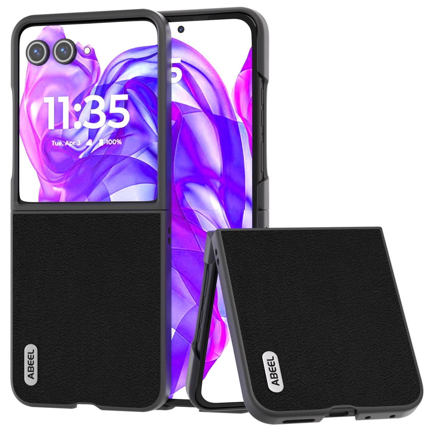 ABEEL For Motorola Razr 50 Ultra 5G Case Genuine Cow Leather+PC Hard Phone Cover - Black