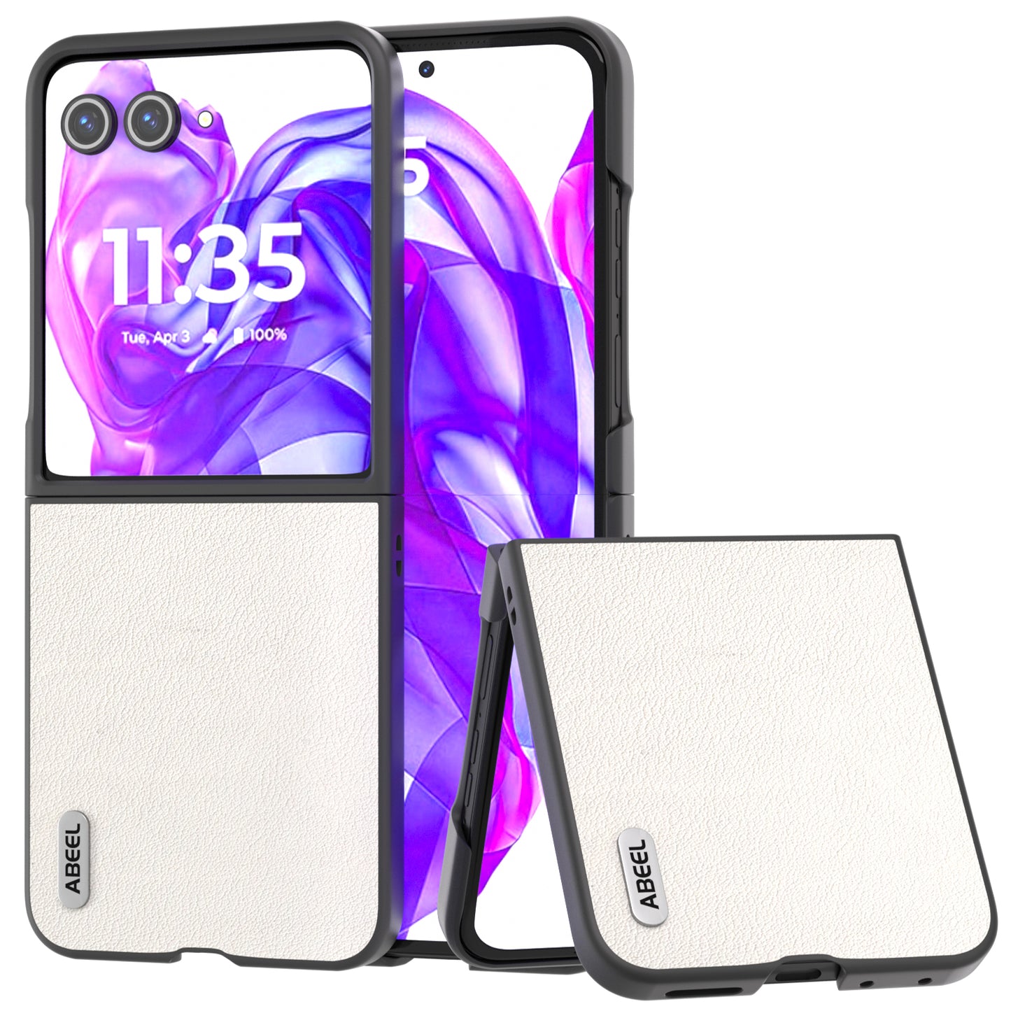 ABEEL For Motorola Razr 50 Ultra 5G Case Genuine Cow Leather+PC Hard Phone Cover - Grey White