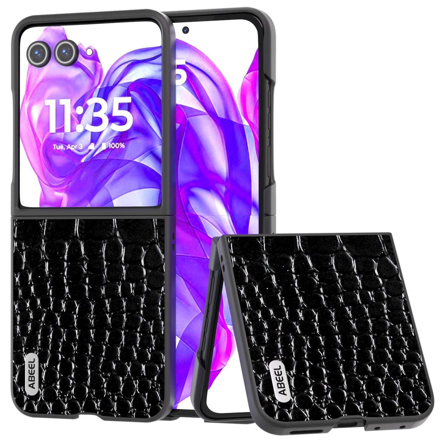 ABEEL For Motorola Razr 50 Ultra 5G Case Genuine Cow Leather Back Phone Cover Crocodile Texture - Black