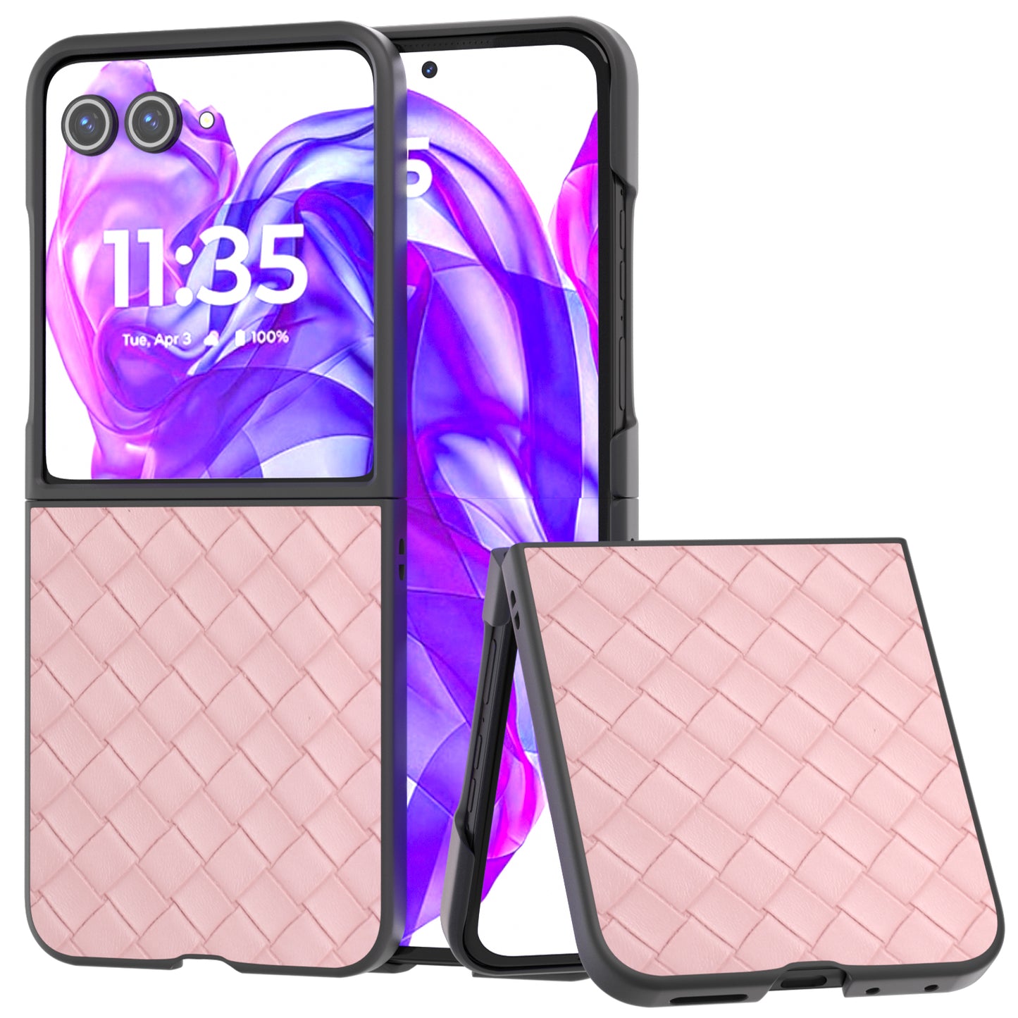 For Motorola Razr 50 Ultra 5G Case Woven Texture PU Leather Coated PC Folding Phone Cover - Pink