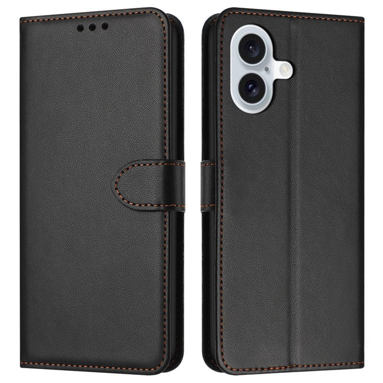 For iPhone 16 Wallet Phone Case Leather Stand Cover with Strap - Black