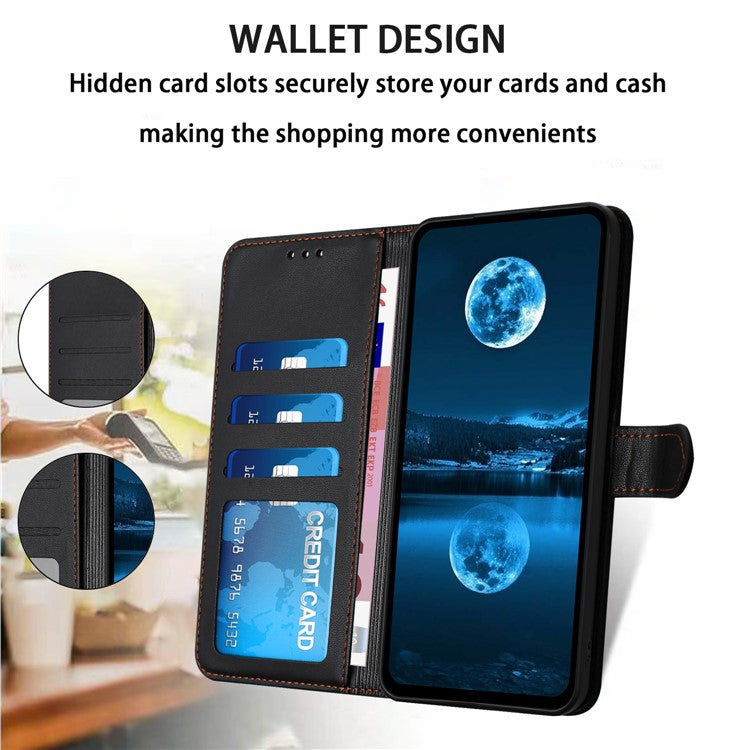For iPhone 16 Wallet Phone Case Leather Stand Cover with Strap - Black