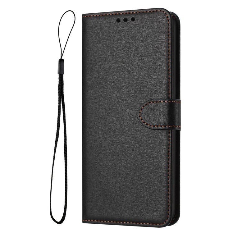 For iPhone 16 Wallet Phone Case Leather Stand Cover with Strap - Black