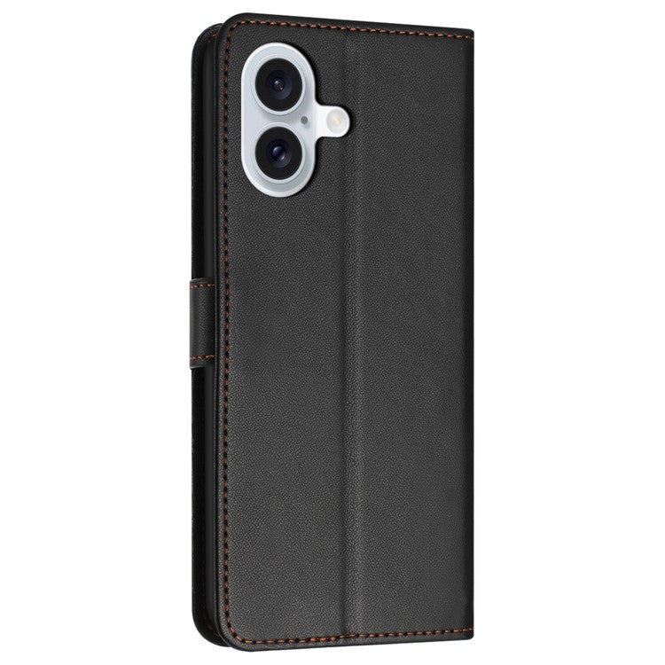 For iPhone 16 Wallet Phone Case Leather Stand Cover with Strap - Black