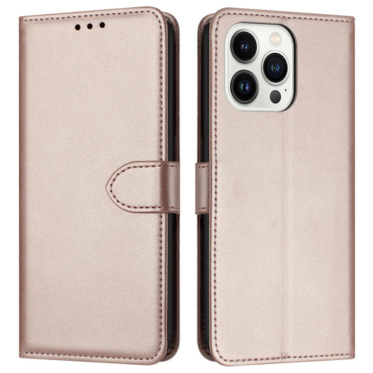 For iPhone 16 Pro Wallet Phone Case Leather Stand Cover with Strap - Rose Gold