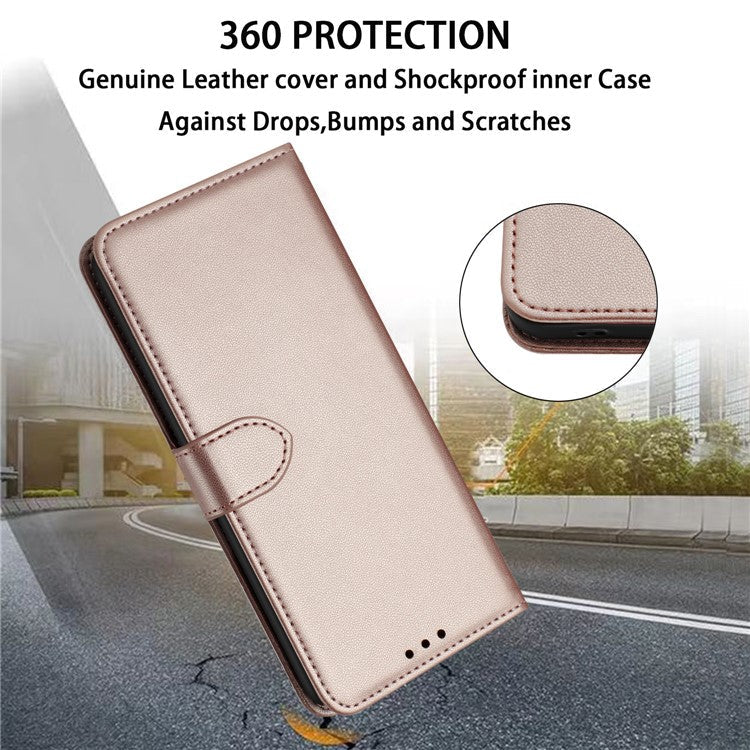For iPhone 16 Pro Wallet Phone Case Leather Stand Cover with Strap - Rose Gold