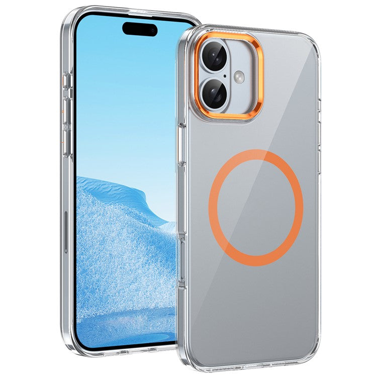 For iPhone 16 Magnetic Case Hard PC Scratch Resistant Back Transparent Cover - Orange