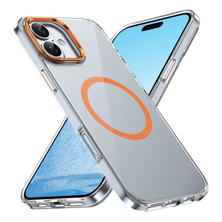 For iPhone 16 Magnetic Case Hard PC Scratch Resistant Back Transparent Cover - Orange