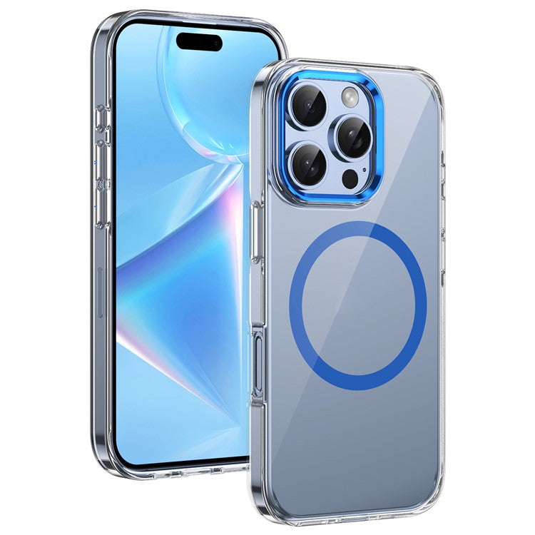For iPhone 16 Pro Magnetic Case Transparent Crystal PC Hard Back Phone Cover - Blue