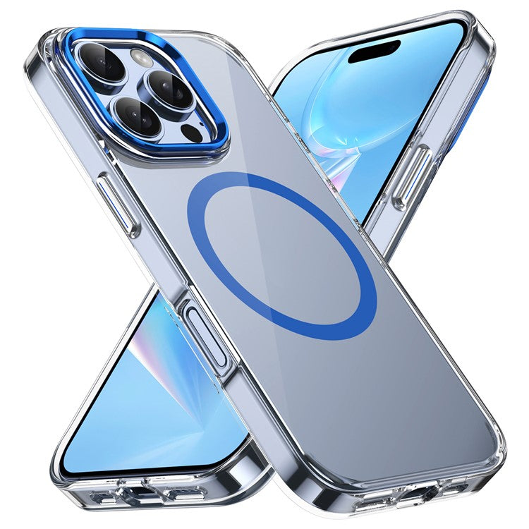 For iPhone 16 Pro Magnetic Case Transparent Crystal PC Hard Back Phone Cover - Blue
