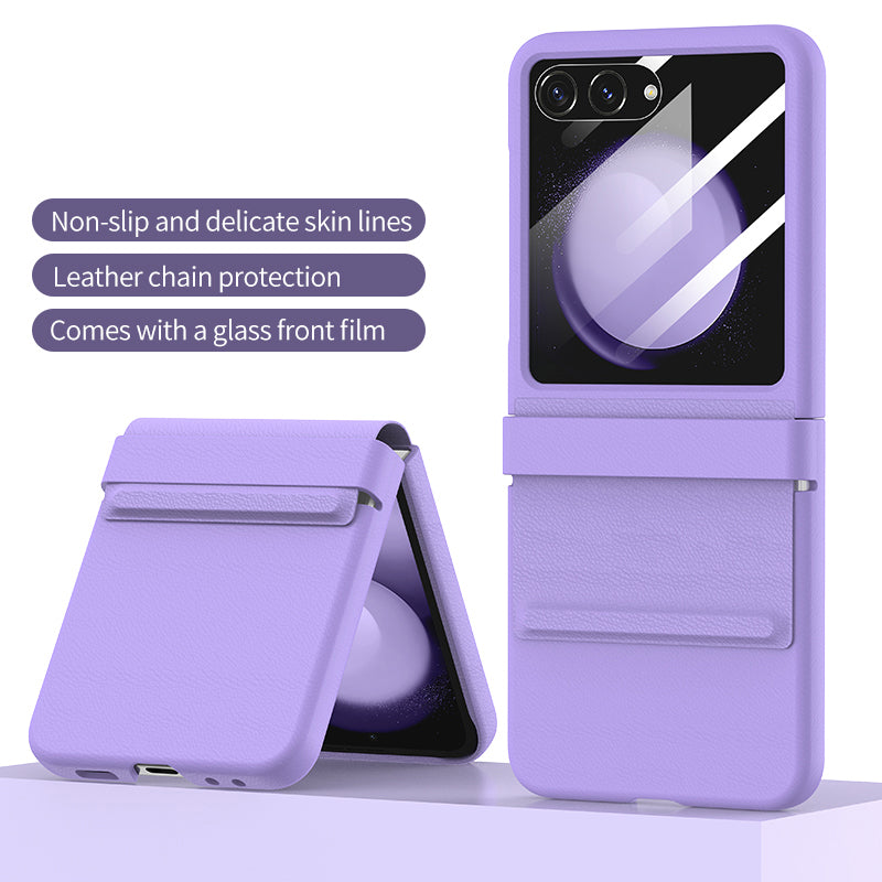 For Samsung Galaxy Z Flip6 5G Case Anti-Scratch Leather+PC Phone Cover with Rear Screen Film - Purple