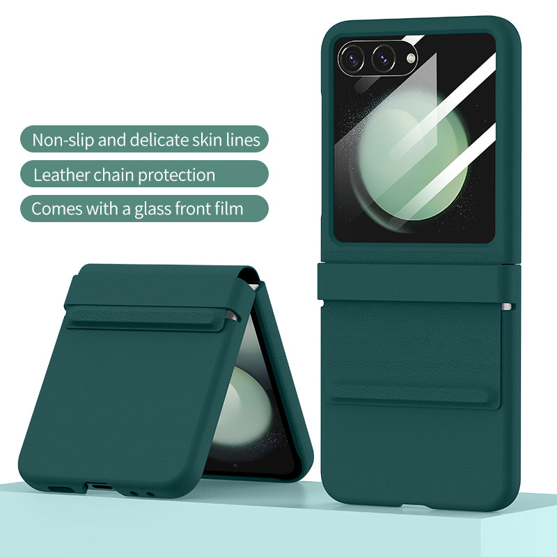 For Samsung Galaxy Z Flip6 5G Case Anti-Scratch Leather+PC Phone Cover with Rear Screen Film - Green