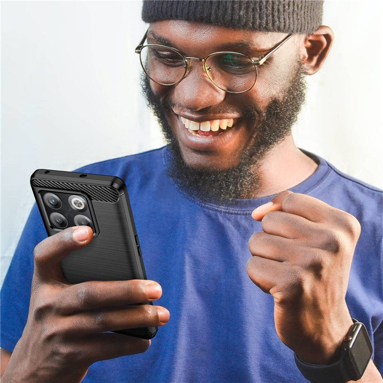 Carbon Fiber Texture Phone Case for OnePlus 10T 5G, Soft TPU Slim Fit Anti-dust Brushed Phone Cover - Black