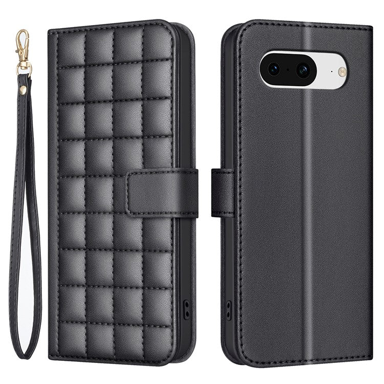 BINFEN COLOR BF34 for Google Pixel 8 Case Square Grid PU Leather Folio Flip Cover - Black