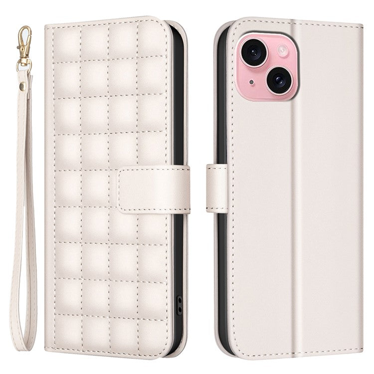 BINFEN-COLOR-BF34-for-iPhone-14-/-13-Case-Wallet-Phone-Leather-Cover-Square-Grid---Beige