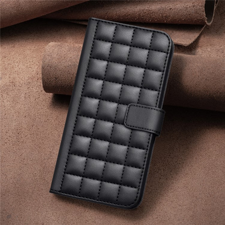 BINFEN COLOR BF34 for iPhone 16e Case Square Grid PU Leather Cover Stand Wallet - Black