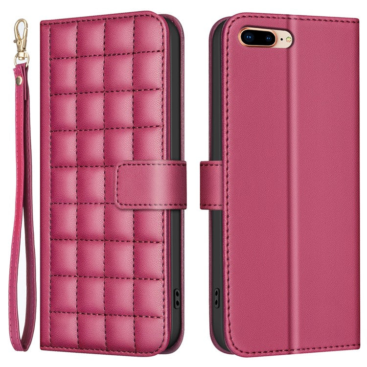 BINFEN COLOR BF34 for iPhone 16e Case Square Grid PU Leather Cover Stand Wallet - Red