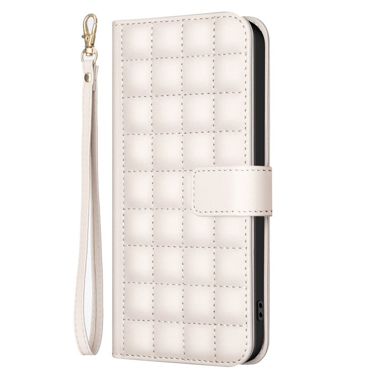 BINFEN COLOR BF34 for iPhone 16e Case Square Grid PU Leather Cover Stand Wallet - Beige
