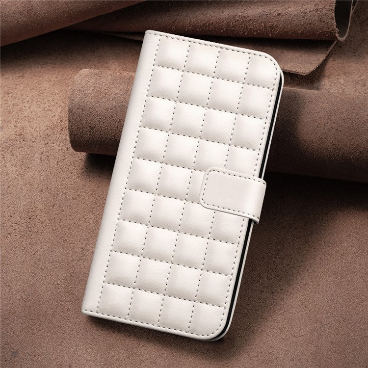 BINFEN COLOR BF34 for iPhone 16e Case Square Grid PU Leather Cover Stand Wallet - Beige