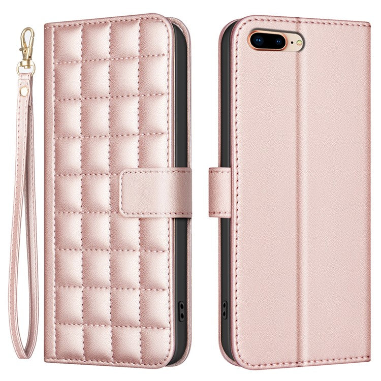BINFEN COLOR BF34 for iPhone 16e Case Square Grid PU Leather Cover Stand Wallet - Rose Gold