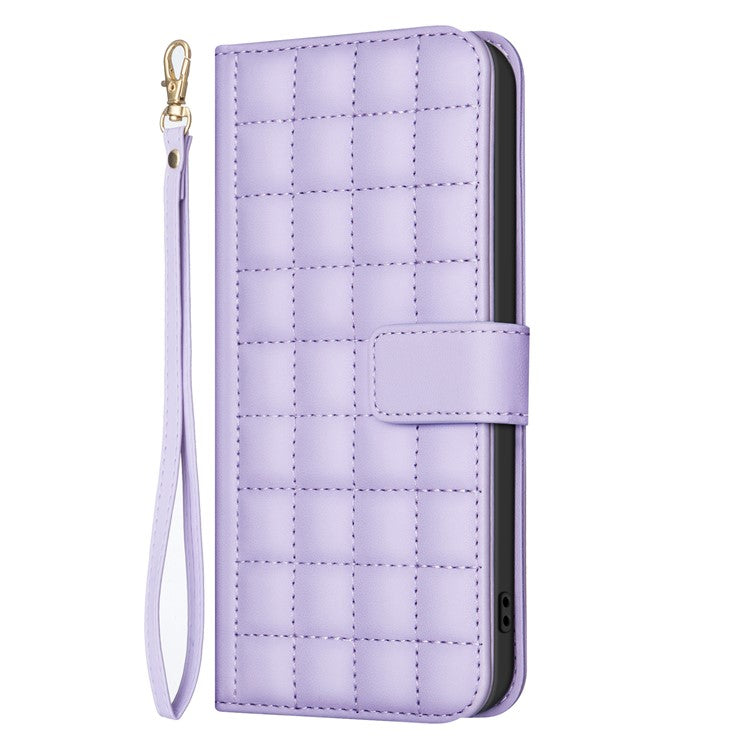 BINFEN COLOR BF34 for iPhone SE (2025) Case Square Grid PU Leather Cover Stand Wallet - Light Purple