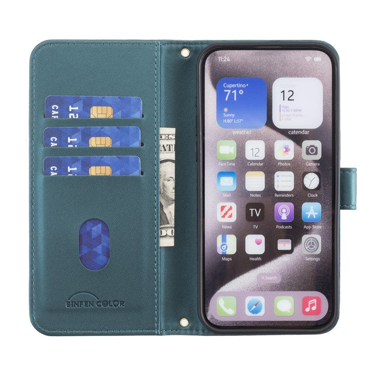 BINFEN COLOR BF34 for iPhone 16e Case Square Grid PU Leather Cover Stand Wallet - Green