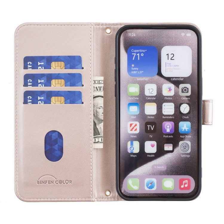 BINFEN COLOR BF34 for iPhone 16 Pro Case Wallet Stand Folio Flip Leather Phone Cover - Rose Gold