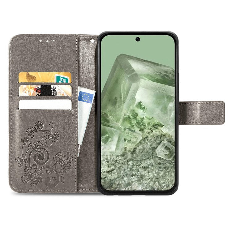 For Google Pixel 8a Leather Case Four-Leaf Clover Phone Wallet Cover - Grey
