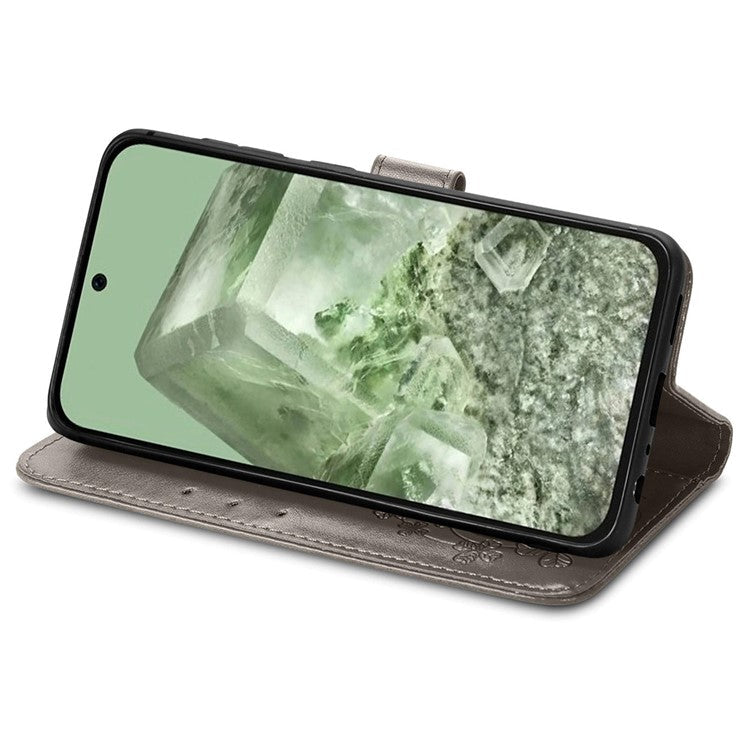 For Google Pixel 8a Leather Case Four-Leaf Clover Phone Wallet Cover - Grey