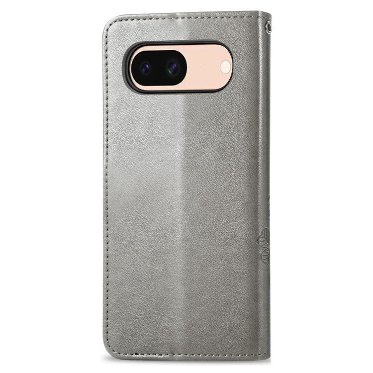 For Google Pixel 8a Leather Case Four-Leaf Clover Phone Wallet Cover - Grey