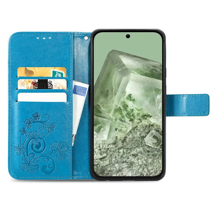For Google Pixel 8a Leather Case Four-leaf Clover Phone Wallet Cover - Blue
