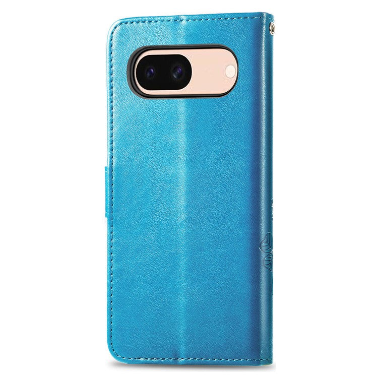 For Google Pixel 8a Leather Case Four-leaf Clover Phone Wallet Cover - Blue
