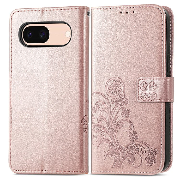 For Google Pixel 8a Leather Case Four-leaf Clover Phone Wallet Cover - Rose Gold