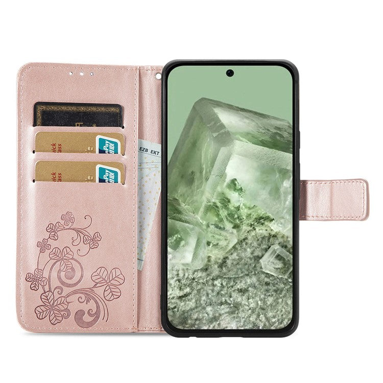 For Google Pixel 8a Leather Case Four-leaf Clover Phone Wallet Cover - Rose Gold