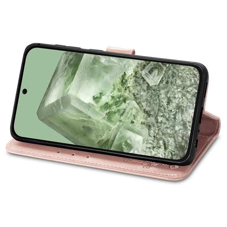 For Google Pixel 8a Leather Case Four-leaf Clover Phone Wallet Cover - Rose Gold