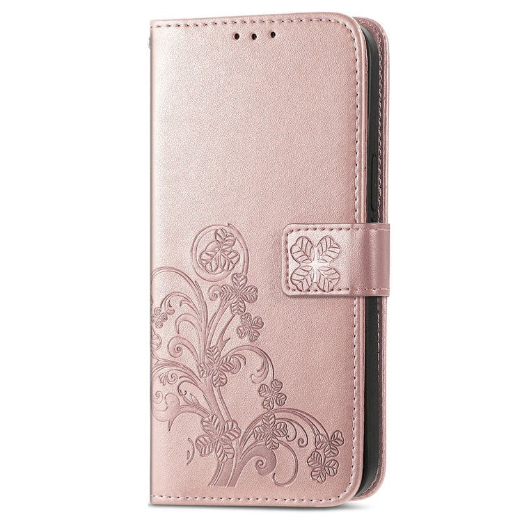 For Google Pixel 8a Leather Case Four-leaf Clover Phone Wallet Cover - Rose Gold