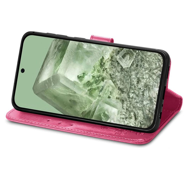 For Google Pixel 8a Leather Case Four-leaf Clover Phone Wallet Cover - Red