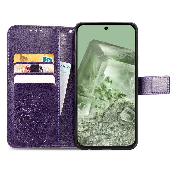 For Google Pixel 8a Leather Case Four-leaf Clover Phone Wallet Cover - Purple