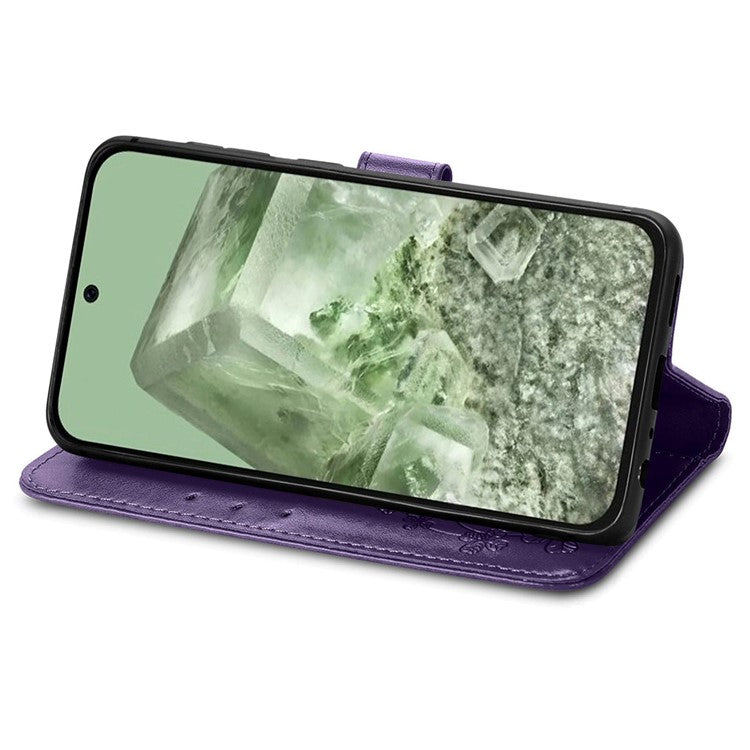 For Google Pixel 8a Leather Case Four-leaf Clover Phone Wallet Cover - Purple