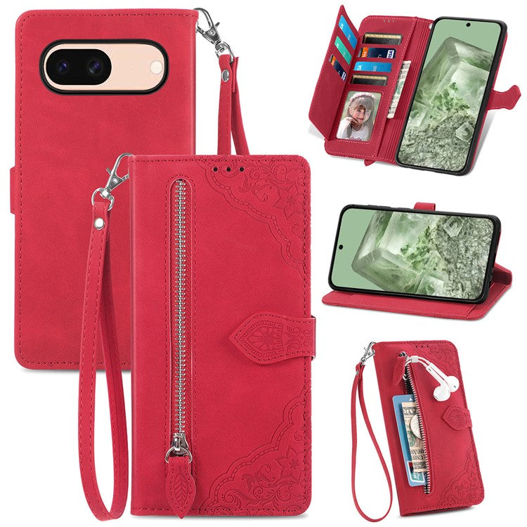 For Google Pixel 8a Case PU Leather Zipper Wallet Phone Cover Flower Pattern - Red