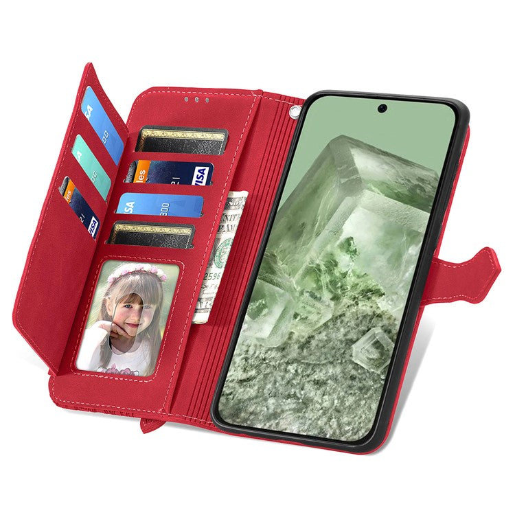 For Google Pixel 8a Case PU Leather Zipper Wallet Phone Cover Flower Pattern - Red