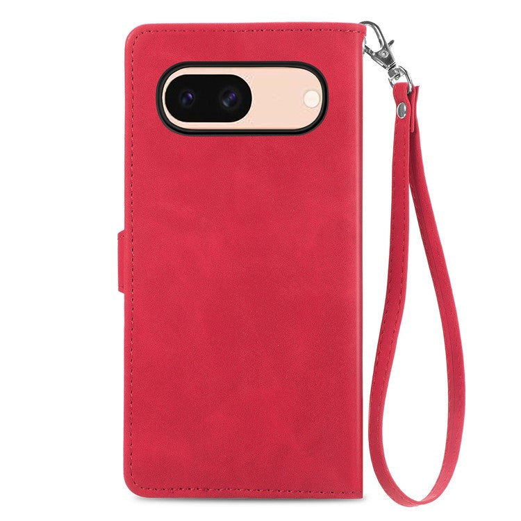 For Google Pixel 8a Case PU Leather Zipper Wallet Phone Cover Flower Pattern - Red